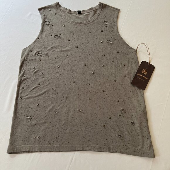 JOHN JOHN Unisex Sleeveless Distressed Jeweled T Shirt Top Gray Sz M NWT - Picture 8 of 16